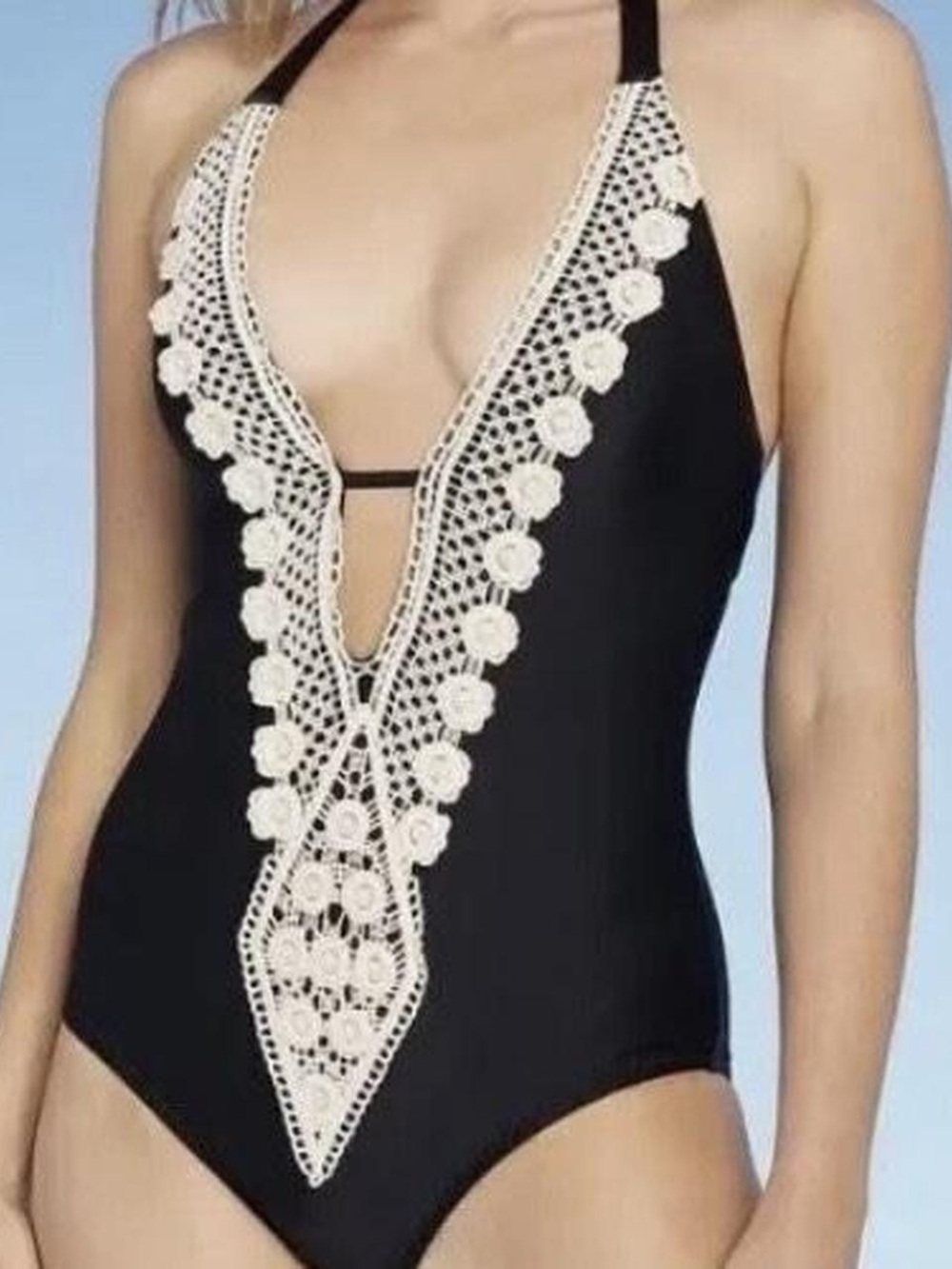 Kona Sol Black One-Piece Swimsuit with Ivory Crochet Plunge